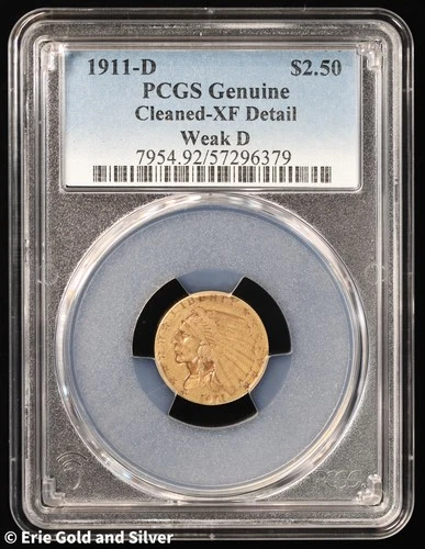 1911-D $2.5 Gold Indian Head Quarter Eagle PCGS Cleaned-XF Details Weak D