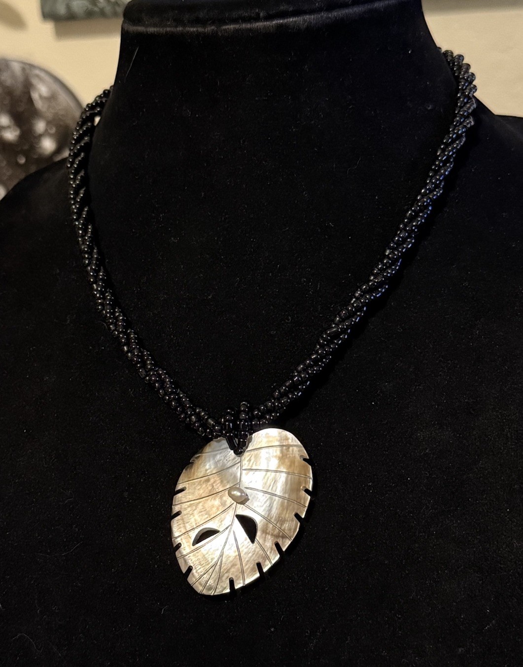 Vintage  shell MOP Monstera leaf Double strand Bl… - image 12