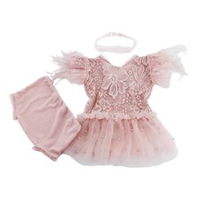 3Pcs Newborn Baby Photography Props Feather Lace Skirt Short Pant Headbands