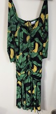 GANNI Banana Leaf Print Ruched Midi-Dress Black Green Yellow 16 XL EU 50