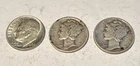 Mercury & Roosevelt Dimes 90% Silver, Circulated, Lot Of 3