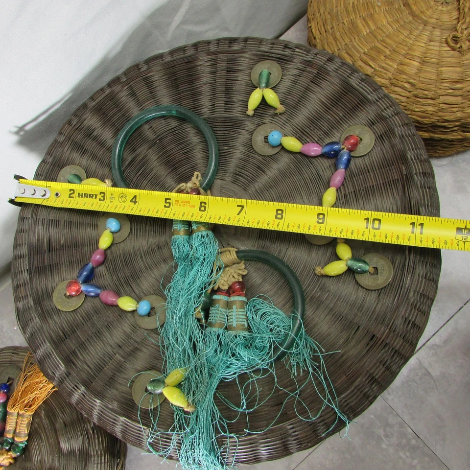 Round Woven Rattan Wicker Lidded Baskets Set Beaded Tassels Asian Decor Lot of 3 - Image 3 of 4