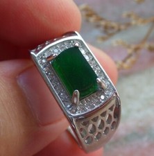 Certified Green silver 925 100 A JADE Jadeite Rectangle RING USA 9.75    561268