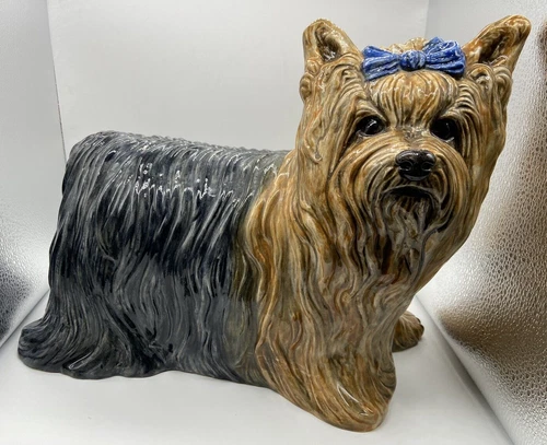 The Townsends Ceramic Yorkshire Terrier Dog Blue Bow Signed Vintage 1971 Large