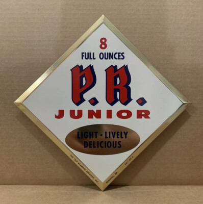 Vintage P.R. Junior Beer Sign Tin Over Cardboard Reading PA Brewery Bar NOS