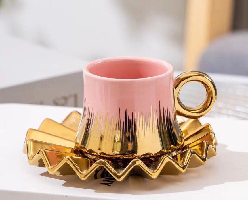 Pink & Gold Espresso Cup & Saucer Set Luxury Porcelain Coffee Cafe Cups