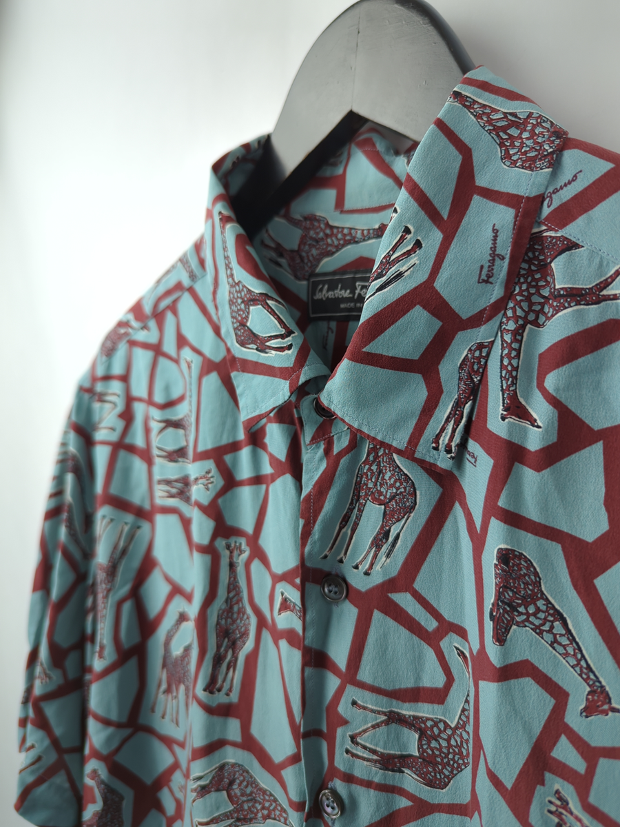 SALVATORE FERRAGAMO Men's Sz XL 100% Silk Giraffe Graphic Print