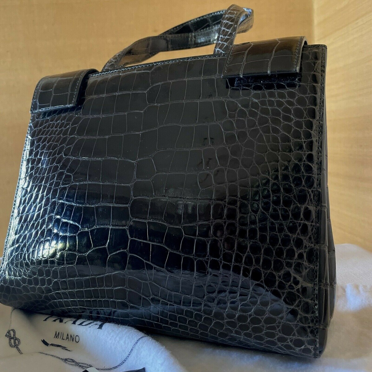Vintage Prada Black Coal Crocodile Leather Purse Handheld Bag