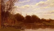 Oil painting Edmond Marie Petitjean - the fisherman's family in landscape canvas