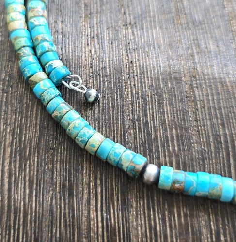 Native American Turquoise Heishi 4mm Sterling Silver Bead Wrap Choker Necklace - Picture 9 of 10
