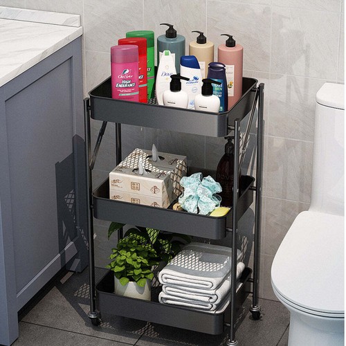 NNEAGS 3 Tier Steel Black Foldable Kitchen Cart Multi-Functional Shelves Portabl - Picture 9 of 10