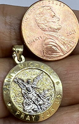 GOLD RUNDER Heiliger San Michael Miguel Anhänger 14k gelb weiß MASSIV oro 0,95''