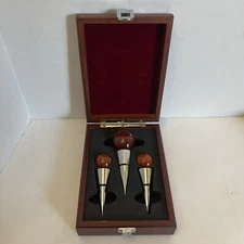 Vintage Wine Stopper Set 3 Stainless Steel Cherry Wood? Taiwan With Wooden Box