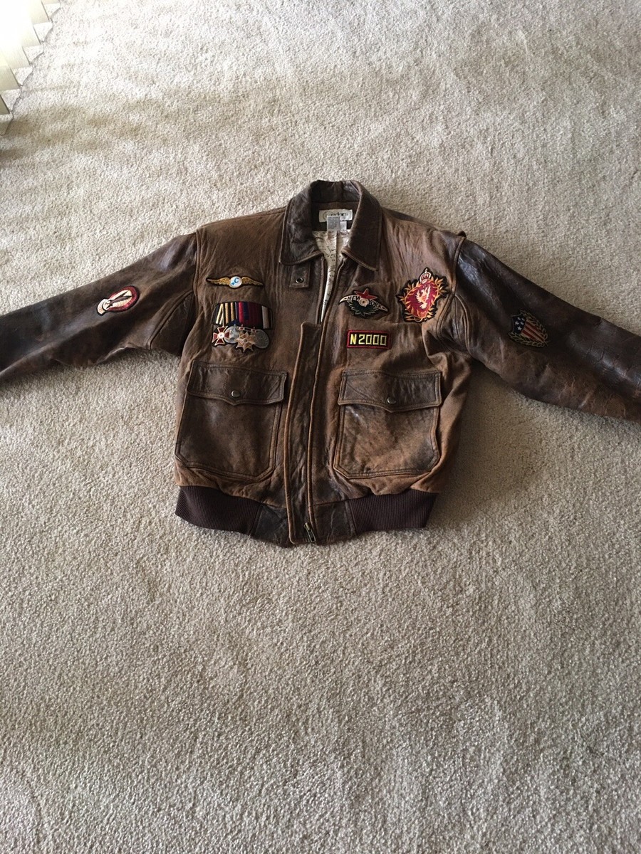 HANDSOME LEATHER JACKET Bomber Style Brown w Embroidered Patches
