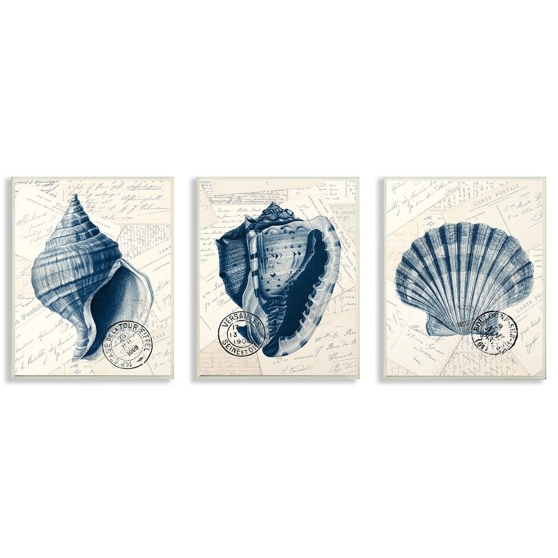 Stupell Porch & Den Vintage Blue Indigo Shells 3pc Multi  3pc, each 10 x 15