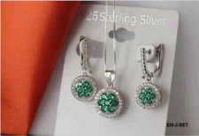 NEW LADIES GREEN CZ STERLING SILVER GREEN NICKEL FREE FLOWER DESIGN JEWELRY SET