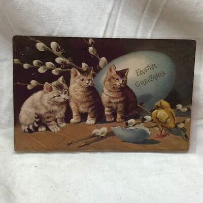Vintage 1909 Easter Greetings Postcard Kittens Embossed
