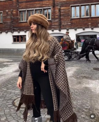 Zara Brown Jacquard Strick Umhang Mit Franse Einheitsgröße Medium