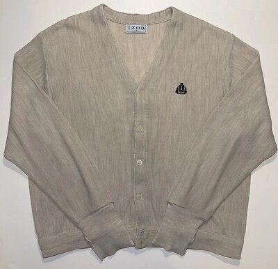 Vtg IZOD Cardigan Golf Button Sweater 80s 90s Acrylic Beige Tan