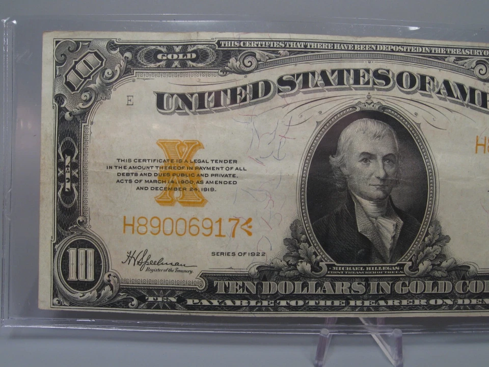 1922 Large $10 GOLD Certificate. Signers: Speelman/White. # H89006917 - Image 3 of 4