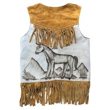 Vtg Kids Fringed Leather Burning Horse Western Cowboy Vest Size 8 Handmade