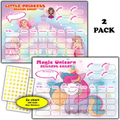 2er-Pack - Prinzessin & Einhorn gutes Verhalten Belohnungstabelle - 200x Gold Stern Aufkleber
