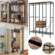 Heavy Duty Wardrobe Closet Vintage Wooden Clothes Rack w/Drawers&Clothes Rail UK