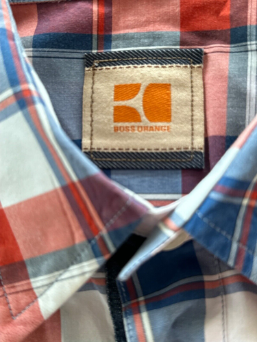 Camisa Hugo Boss Naranja Para Hombre Talla Mediana Manga Larga Azul Naranja Algodón A Cuadros - Imagen 8 de 10
