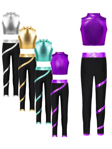 Kids Girls Set Shiny Outfit Athletic Suit Training Pants Tops Sports Tank Top - Picture 3 of 48