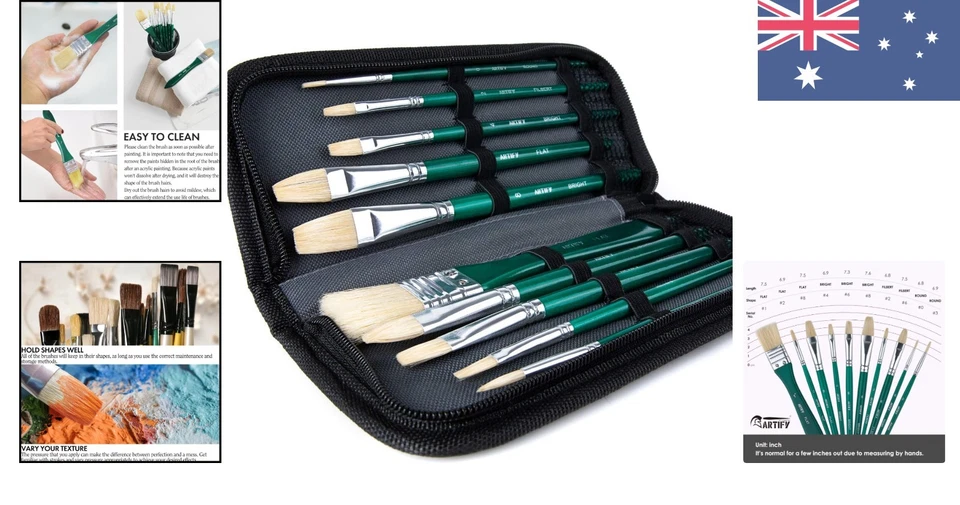 ARTIFY 10-Piece Hog Hair Paint Brush Set with Case - Perfect for All Artists - image 2 of 4