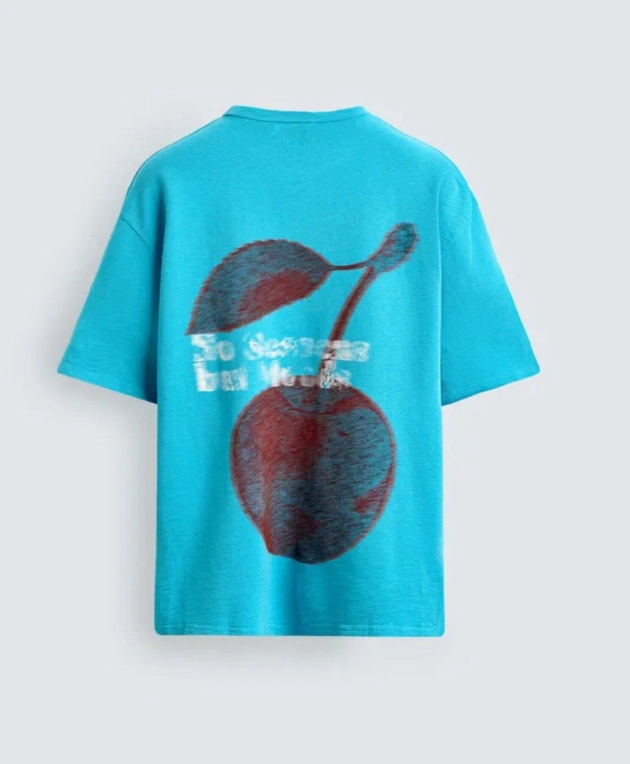 Zara Men’s Washed Knit Aquamarine Textured Cherry Graphic Relaxed T-shirt Small