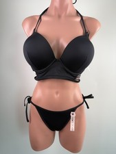 Victoria's Secret Swim Halter Bikini Top  Cheeky Bottom Set Black 34DD/M NWT
