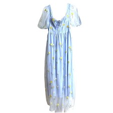 Cider Floral Embroidery Mesh Maxi Dress Womens Sz XS Blue White Yellow Puff Slve