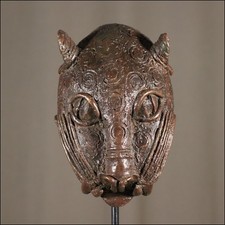 69699) Bronze Leoparden-Kopf Kamerun Afrika AFRIKANISCHE KUNST