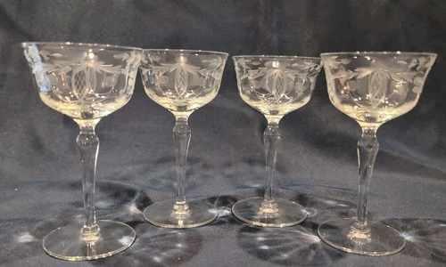 Vintage Etched Crystal Floral Swag Design Cordial Sherry Glasses Set of 4