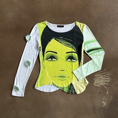 Custo Barcelona Y2K Graphic Top Green Vintage Mismatched Face Tee