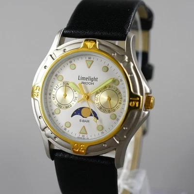 Montre homme RICOH vintage phase de lune 37 mm Limolight bracelet cuir neuf p... - Photo 1/4