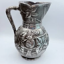 Antique C1885 Meriden Silver Co. Aesthetic Birds & Berries Sun Water Pitcher