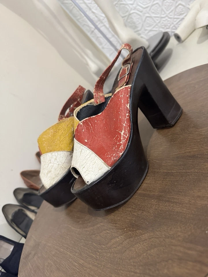 Vintage 1960s Platform Shoes-block Heel-Disco-Hippie-mod-As Is-Size 9 - Image 3 of 4