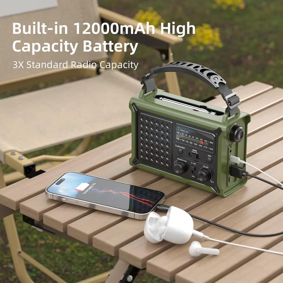 Notfallradio Solar Kurbelradio AM/FM 12000mAh Powerbank USB-C Camping Dynamo - Bild 4 von 4