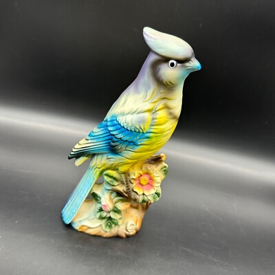 Vintage Blue Jay Bird Figurine Hand Painted Japan Ceramic Flowers 1950s Decor
