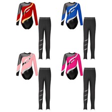Kids Girls Set Metallic Outfit Patchwork Leotard Back Hoodie Skating Pants Suit