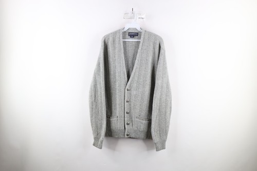 Vintage 60er 70er Streetwear Herren L unbedruckt Wollmischung gerippter Strick Cardigan Pullover USA - Bild 1 von 11