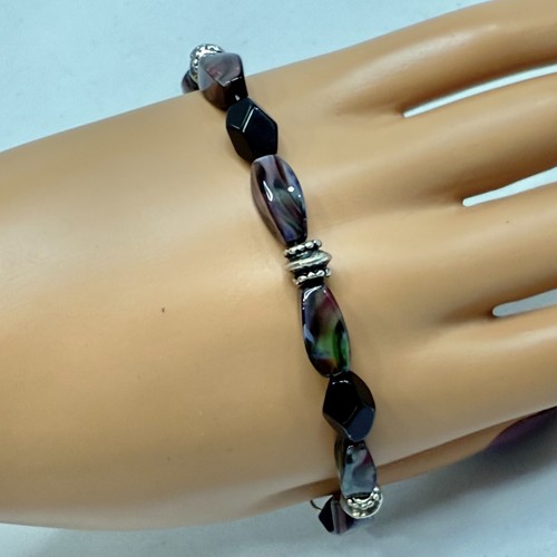 Artisan Bracelet Boho Lampwork Agate Beaded Silver Tone Semi-Precious Stones 8.5