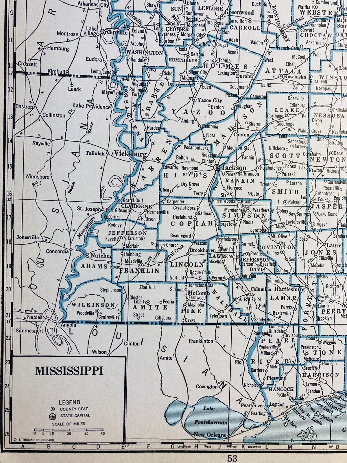 1935 Antique County Map J Thomas Co Mississippi MS Jackson Franklin Natchez