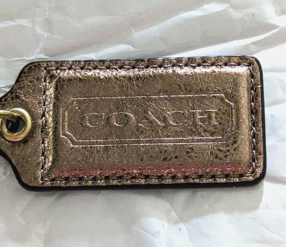 COACH Logo 2.5" Large Pebbled Bronze Metallic Leather Brass Purse Charm Key NWOT