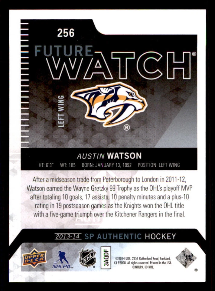 2013-14 SP Authentic #256 Austin Watson RC /1299 - Image 2 of 2