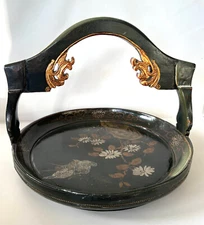 ANTIQUE CHINESE OFFERING BASKET TRAY HAND CARVED GOLD LEAF, BLACK WOOD 19TH CENT