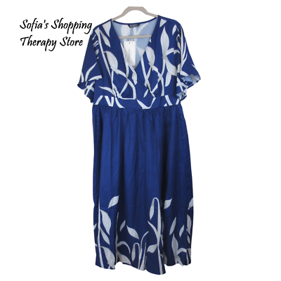 Bloomchic 14 16 1X Leaves Leaf Print Surplice Neck Pockets Slit BLUE WHITE  Dress | eBay