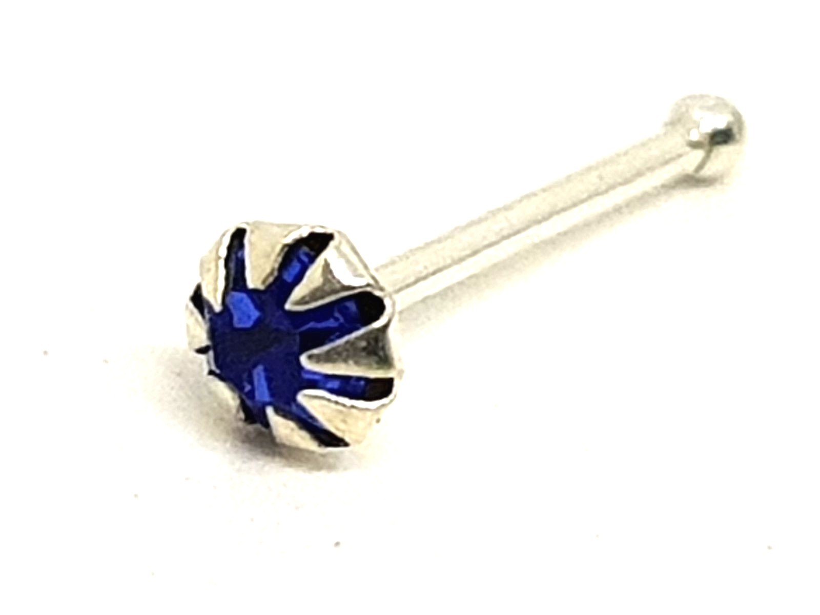 Nose Stud Tiny 2mm Round Blue Sapphire 22g (0.6 mm) 925 Sterling Silver Ball End